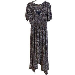 Women's THREE BIRD NEST Rayon Ditzy Floral Print Short Sleeve Hi-Low Hem Dress L